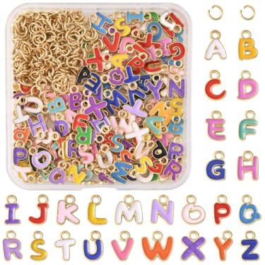 Imagem de MakemadeDIY 104-200 peças pingentes de letras coloridas esmaltadas maiúsculas A-Z dourado/prata pulseiras do alfabeto colares pingentes pingentes com 104-200 peças anéis abertos para fazer joias, Liga