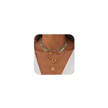 Imagem de YNZGYBY Boho Colar com pingente em camadas de ouro turquesa ocidental para mulheres, boêmio, em camadas, disco, com contas, fivela OT, gargantilha country fantasia colares, joias modernas, Large