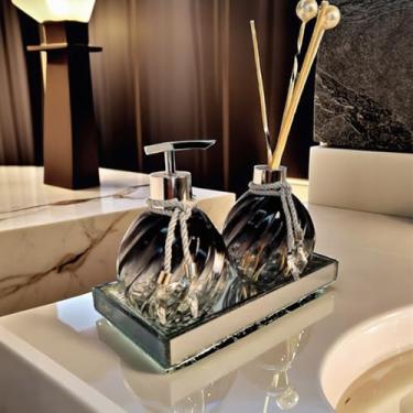 Imagem de Kit Lavabo Decorativo Vidro 300ml Completo com Saboneteira Difusor e Bandeja Luxo Para Banheiro(Preto C/Prata,Com Bandeja)