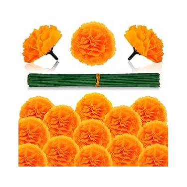Imagem de 50 peças de flores artificiais marigold em bulk calendula seda mexicana com caules decoração festa Dia dos Mortos Halloween Diwali casa