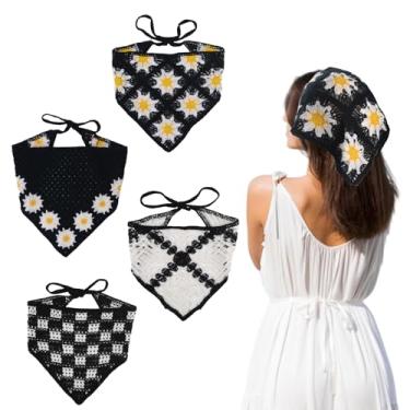 Imagem de HACRAHO Bandanas de crochê, 4 peças de cabeça de crochê preto e branco, cachecol de cabeça triangular, lenço de cabelo de malha vintage floral oco para decoração de acessórios de estilo de cabelo