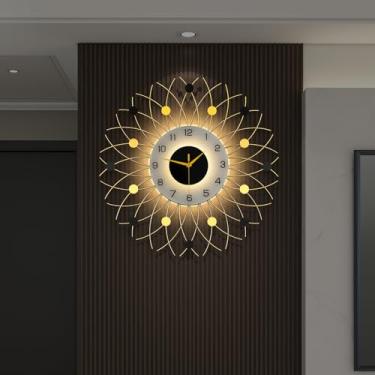 Imagem de JTWALCLOCK Relógio de parede grande de luxo para decoração de sala de estar 61 cm grande dourado Starburst relógio de parede decorativo com luz operado por bateria sem tique-taque silencioso relógio