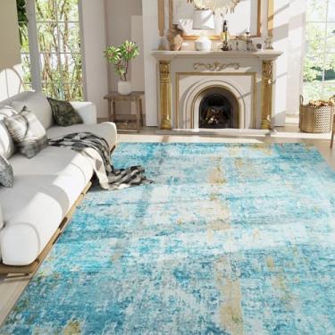 Imagem de Ompaa Tapete para sala de estar, 20 x 25 cm, azul-petróleo, lavável à máquina, abstrato, boho, grande, antiderrapante, de lã sintética, tapete vintage para quarto, sala de aula, sala de jantar, sala