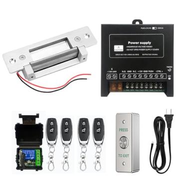 Imagem de Sistema de bloqueio de porta elétrico de controle remoto, 1000 libras ajustável à prova de falhas, botão de saída de aço inoxidável, controle de acesso com fonte de alimentação, 4 transmissores