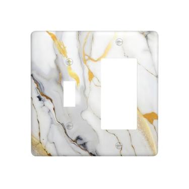Imagem de VGHOKO Capas de tomada decorativas com textura branca dourada de mármore abstrato, design luxuoso, placa de parede de 2 gangues de 1 gangue, botão único/interruptor de luz basculante para decoração de