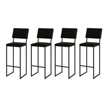 Imagem de Kit 4 Banquetas Com Encosto Industrial E Moderna Nina Preto E Corino Preto