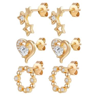 Imagem de Gemsme Conjunto de 3 pares de brincos pequenos de ouro para mulheres/homens, banhados a ouro 18 K, hipoalergênicos, delicados, zircônia cúbica para presente de joias, Latão, Zircônia cúbica