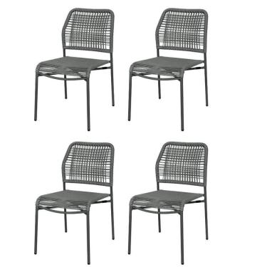 Imagem de Kit 4 Cadeiras Empilhável Leme Fratini Aço Preto Assento E Encosto Trama De Corda Náutica Preto