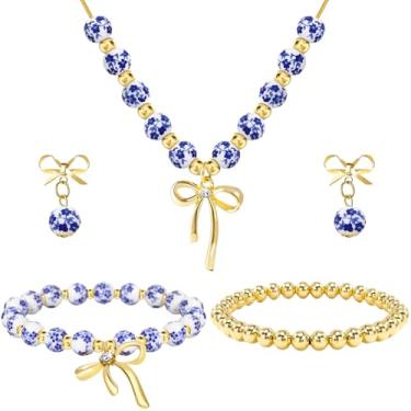 Imagem de NEWITIN Conjunto de joias com laço de 4 peças para mulheres, conjunto de joias de contas de porcelana, banhado a ouro 14K, colar com pingente de laço delicado feito à mão, brincos de pulseira elástica