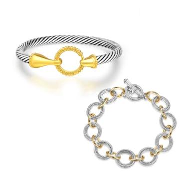Imagem de ESSNAMS Conjunto de 2 peças de pulseira e corrente de cabo torcido, pulseiras modernas de ouro e prata joias de metal misto de elos de dois tons para mulheres, One Size, Cobre, Sem Pedra Preciosa