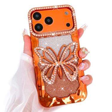 Imagem de Bonoma Capa com glitter para iPhone 17 Pro, linda 3D, diamante, borboleta, gradiente, padrão de revestimento, proteção de câmera de strass, capa traseira macia e brilhante para mulheres e meninas