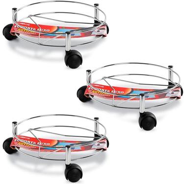 Imagem de Kit 3 Suportes de Botijão Aço Cromado com Rodízios