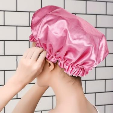 Imagem de 1 pacote de toucas de banho para mulheres, toucas de banho, elásticas reutilizáveis e à prova d'água, touca de cabelo de camada dupla, chapéu de banho de cabelo de proteção ambiental (rosa)