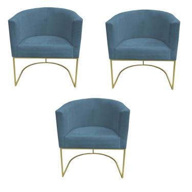 Imagem de Kit 03 Poltronas Paola Base De Ferro Sued Azul Tiffany D'classe Decor