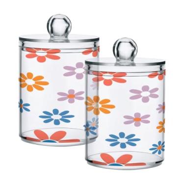 Imagem de Qilmy Qtip Suporte de 400 ml, Daisy Sinple Flowers Frasco de armazenamento de boticário de plástico transparente com tampa, dispensador de recipiente de banheiro para bola de algodão, cotonete, fio
