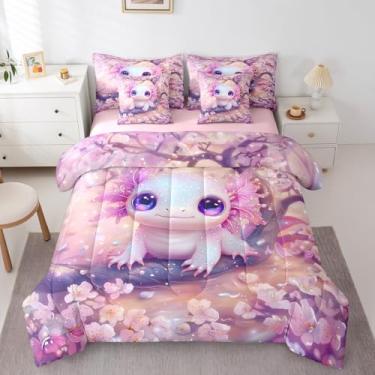 Imagem de Erosebridal Jogo de cama King com desenho animado Axolotl, rosa, flor de cerejeira, 7 peças, fofo, kawaii, salamandra, vida selvagem, conjunto de lençol com edredom