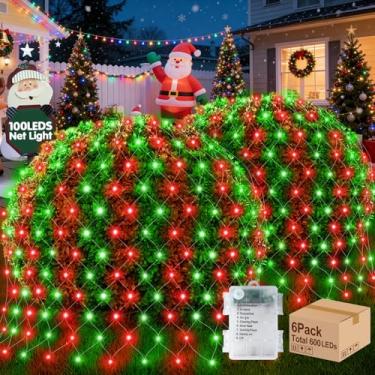 Imagem de Hezbjiti Luzes de rede 100 LED operadas por bateria IP44 à prova d'água para jardim, pátio, arbustos, festa, cerca viva, decorações de gramado (vermelho + verde, pacote com 6)