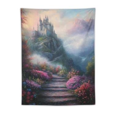 Imagem de Tapeçaria de parede para escada, castelo de montanha mágica, fantasia, penhasco, vale, paisagem, arte, para sala de estar, quarto, dormitório, apartamento, Fairycore, boho, aventura, decoração