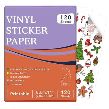 Imagem de 120 folhas de papel adesivo de vinil imprimível premium transparente - 21 x 28 cm para impressoras a jato de tinta, impermeável, resistente a rasgos, seca rapidamente, cores vivas, fácil de cortar