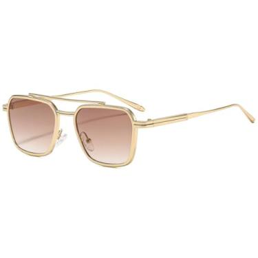 Imagem de HCHES Óculos de Sol Feminino Retro Double Beam com Armação Fina e Degradê, Luxo e Versáteis, Proteção UV400 (Chá Dourado)