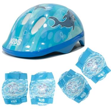 Imagem de Kit Proteção Infantil Tubarão Capacete (52-56cm) com Joelheira e Cotoveleira Azul-Masculino