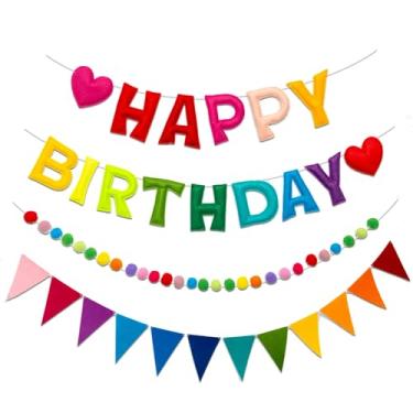 Imagem de Homeral Faixa colorida de feliz aniversário 3D pré-amarrada, 3 peças, decorações de festa arco-íris reutilizáveis com guirlanda de bola de feltro e bandeiras triangulares, sinal de aniversário