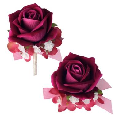 Imagem de JHCYULUO Conjunto de carteira de pulso e flor na lapela rosa fúcsia profunda para casamento, flores artificiais, decoração de noivo