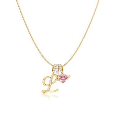 Imagem de Robaice Colar feminino banhado a ouro 14 K, pingente de letra de coração planeta rosa com corrente redonda de espinha de peixe, joia que não mancha. Presente para ela, 16'' + 2'' extender, Metal, Sem