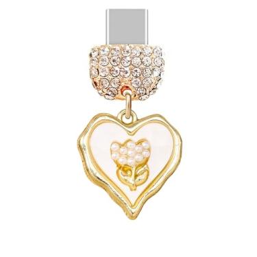 Imagem de ELISE & FONDA TP1004 Tipo-C Porta de carregamento Cristal Antipoeira Plug Little Love Heart com pingente de celular rosa para iPhone 15/16/Samsung/OnePlus/Xiaomi/oppo telefones Android (Branco)