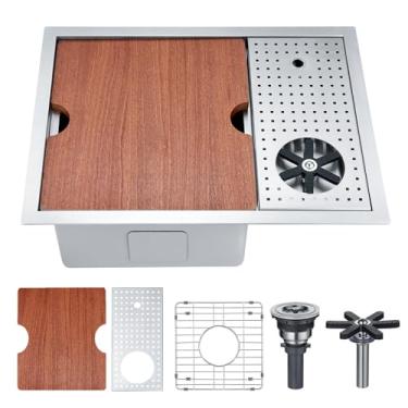 Imagem de LBTBDBN Pia de barra de montagem inferior de 58 cm com enxágue de vidro e tábua de corte Sapele - Pia de estação de trabalho de aço inoxidável calibre 18 para cozinha, trailer, bar molhado (58 x 43 x