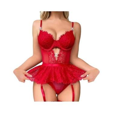 Imagem de Conjunto De Lingerie Sexy Com Sutiã Transparente De Renda E Cinta-Liga