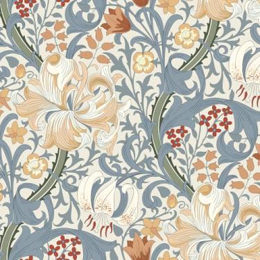 Imagem de VEELIKE Papel de parede vintage William Morris Peel and Stick Golden Lily Papel de parede floral para quarto de parede 40 x 395 cm, papel de contato floral autoadesivo, papel de parede Morris