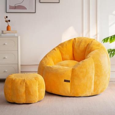 Imagem de MAXYOYO Cadeira gigante pufe com otomano, sofá pufe em forma de abóbora com apoio para os pés, cadeira de sofá grande sem ossos em uma caixa, confortável e preguiçoso para dormitório, sala de estar