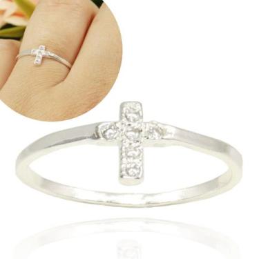 Imagem de Anel Feminino Cruz Cravejada Zirconia Prata Legitima - Lojas La&Ny Pra