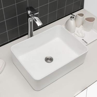 Imagem de Pia retangular para vaso de banheiro - GhomeG 40,6 x 30,5 cm acima do balcão de porcelana branca vaso de banheiro vaso de banheiro vaidade retangular pia de arte