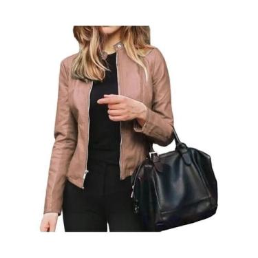 Imagem de Jaqueta Feminina Slim Fit De material sintético Estilo Motoqueiro Com 