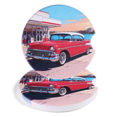 Imagem de Lednica Pacote com 2 porta-copos de carro retrô americano para homens e mulheres porta-copos de carro, porta-copos absorventes de cerâmica antiderrapante de 6,3 cm com base de cortiça e entalhe de