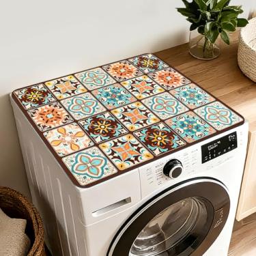 Imagem de Tapete decorativo para lavadora e secadora, capa protetora antiderrapante com padrão de azulejo marroquino, 60 x 40 cm, acessório multicolorido para lavanderia de cozinha