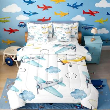 Imagem de Erosebridal Jogo de cama de casal vintage de 7 peças, aviões coloridos, para crianças e adultos, para crianças e adultos, jogo de cama com desenho moderno e nuvens