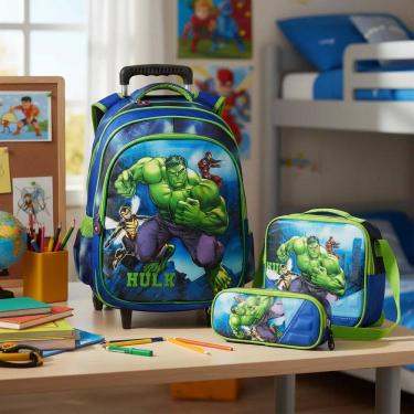 Imagem de Kit Mochila Rodinha impermeável  +lancheira térmica + estojo Hulk 3D