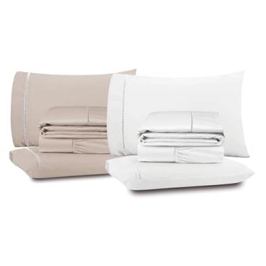 Imagem de Kit 2 Jogos de Lençol Queen Premium 4 Peças, Toque Macio, Ponto Palito, 400 Fios Casa Dona Branco e Bege