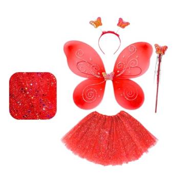Imagem de Fantasia Borboleta Asa De Borboleta Fada com Tiara com Saia Volumosa De Tule com VarinhaDia das Crianças Infantil (Conj 4pç Infantil VERMELHO)