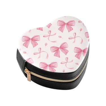 Imagem de Burbuja Caixa de joias em forma de coração com laço rosa mini estojo de joias de viagem para mulheres e meninas, estojo portátil organizador de armazenamento para brincos, anéis, colares e pulseiras