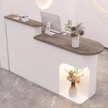 Imagem de Mesa de recepção moderna com luz LED, mesa de recepção branca com gaveta e armário de armazenamento, mesa de balcão de varejo para escritório ou salão de beleza (90 x 50 x 105 cm)