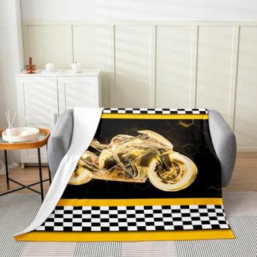 Imagem de Cobertor de flanela para motocicleta, xadrez geométrico, hexágono, hexágono, mantas modernas para esportes de motocicleta, aconchegante, para cama, sofá, amarelo, macio e respirável, tamanho da manta