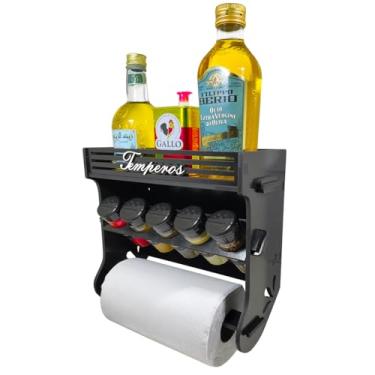 Imagem de Porta Temperos/Condimentos Cozinha MDF kit 05 potes Tampa Dosadora + Suporte Papel Toalha + Adesivos