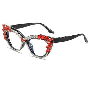 Imagem de LJCZKA Óculos De Grau Gatinho Com Strass Femininos Retrô Diamantes Brilhantes, Olho Gato Bloqueio Luz Azul Para Computador (Vermelho Transparente)