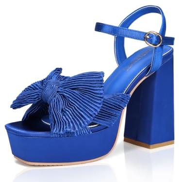 Imagem de KHPAERMEI Salto plataforma com nó de laço para mulheres, moderno, bico aberto, salto grosso, tira no tornozelo, vestido de festa de casamento, salto alto, Azul, 35