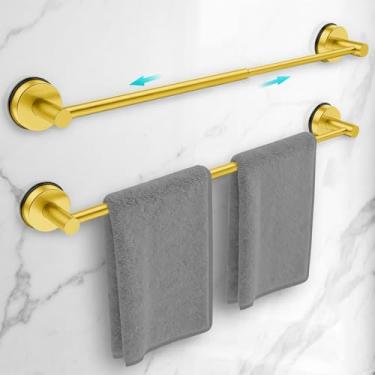 Imagem de Barra de toalha com ventosa ajustável para parede de banheiro, toalheiro de 35 a 61 cm para banheiro, suporte de toalha de banho de aço inoxidável para chuveiro, pacote com 2 (ouro escovado)