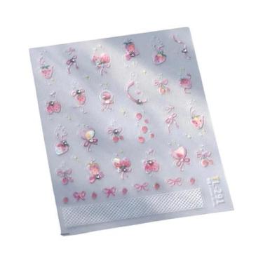 Imagem de Adesivos De Unha 5D Retrô Preto E Branco Com Laço De Renda E Urso Fofo